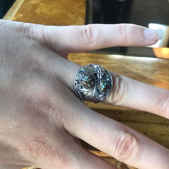 Natural Turquoise Sterling Silver Eagle Ring Size 6 - Picture 2 of 10